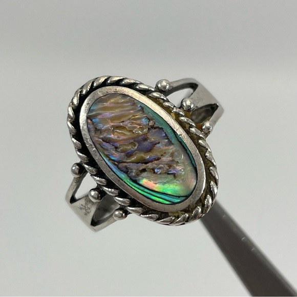 925 Sterling Silver Abalone Shell Oval Cut Boho Art Deco Ring Vintage Look 6.25 - Picture 1 of 8